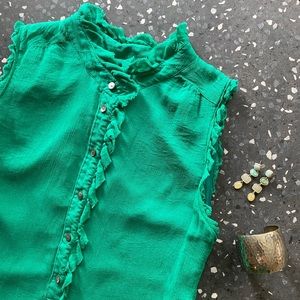 J.Crew / Emerald Silk Ruffle-Neck Sleeveless Top